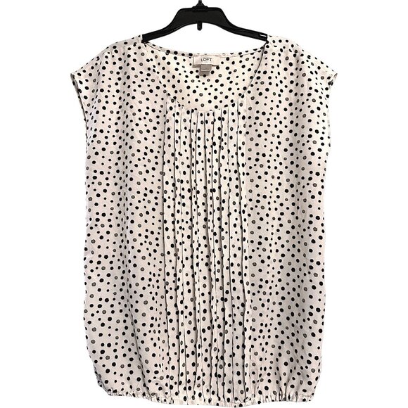 LOFT Polka Dot Blouse Size S | Black Cream Pleated Front Flowy Top Chic - Picture 3 of 6